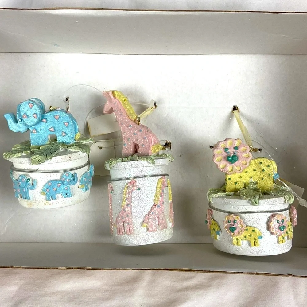 Vintage boxed set 3 Circus Zoo Animal glittered ornaments baby’s 1st Christmas